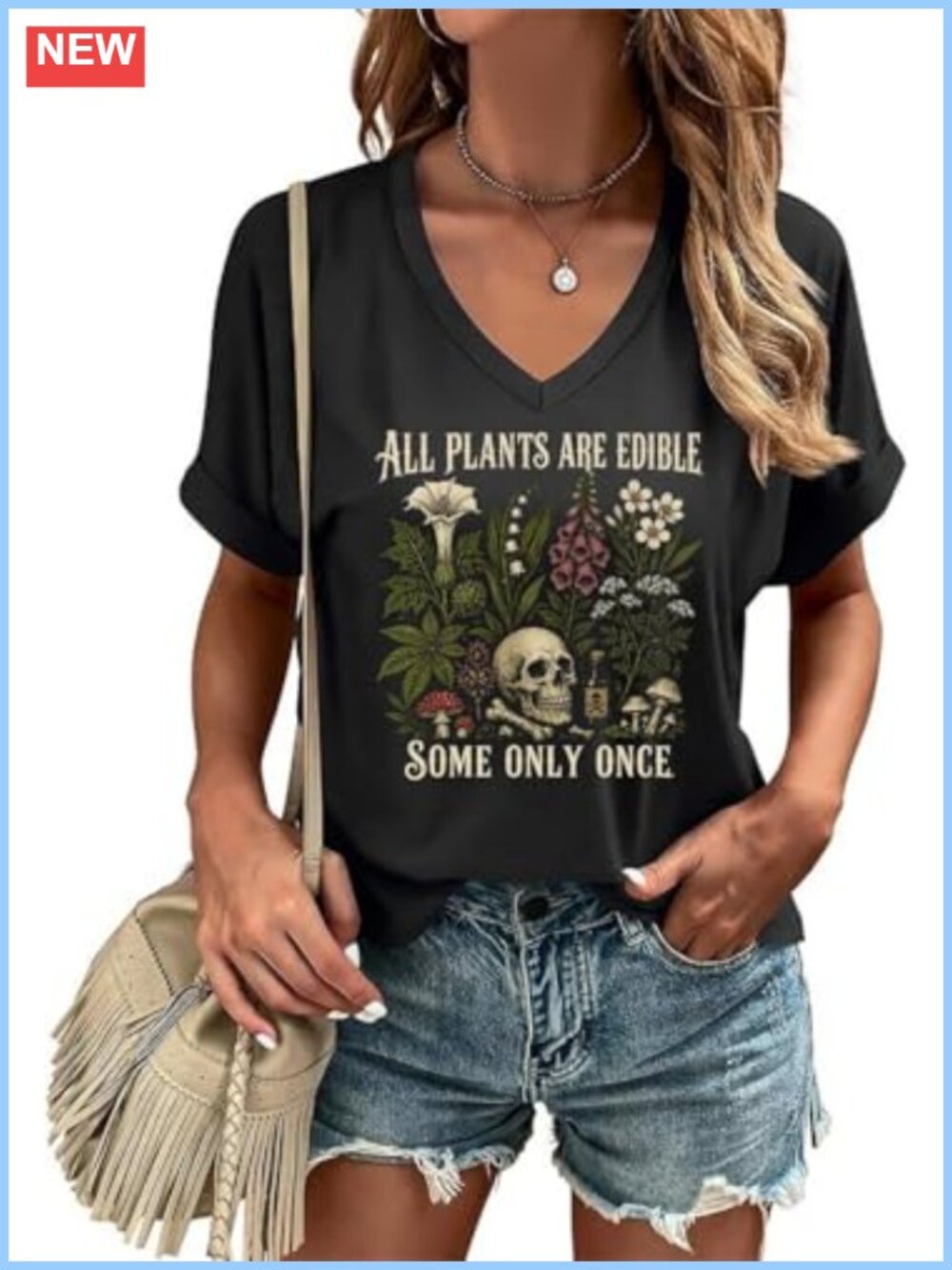 Womens V Neck Short Sleeve Graphic Tee Botanical Skull T-Shirt